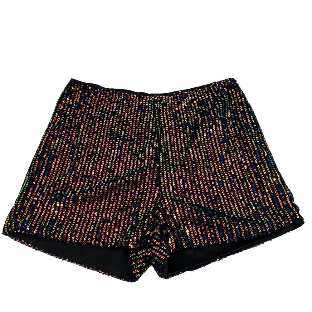 Womens Rainbow Sequin Shorts Size Small High Waist Rave Party Sparkle Hot Pants